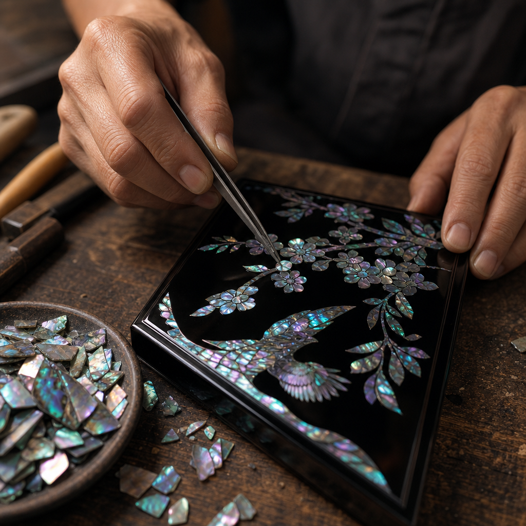Artisan handcrafting a raden shell inlay piece